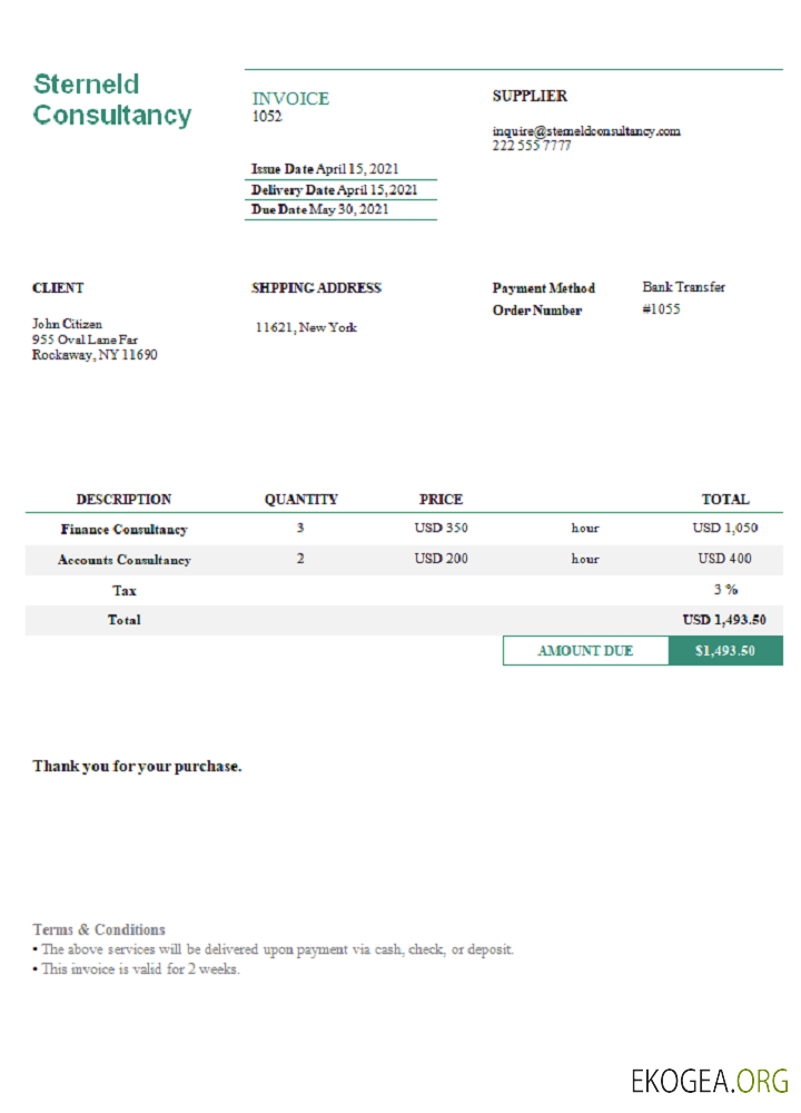 Facture de Sterneld Consultancy aux États , Unis